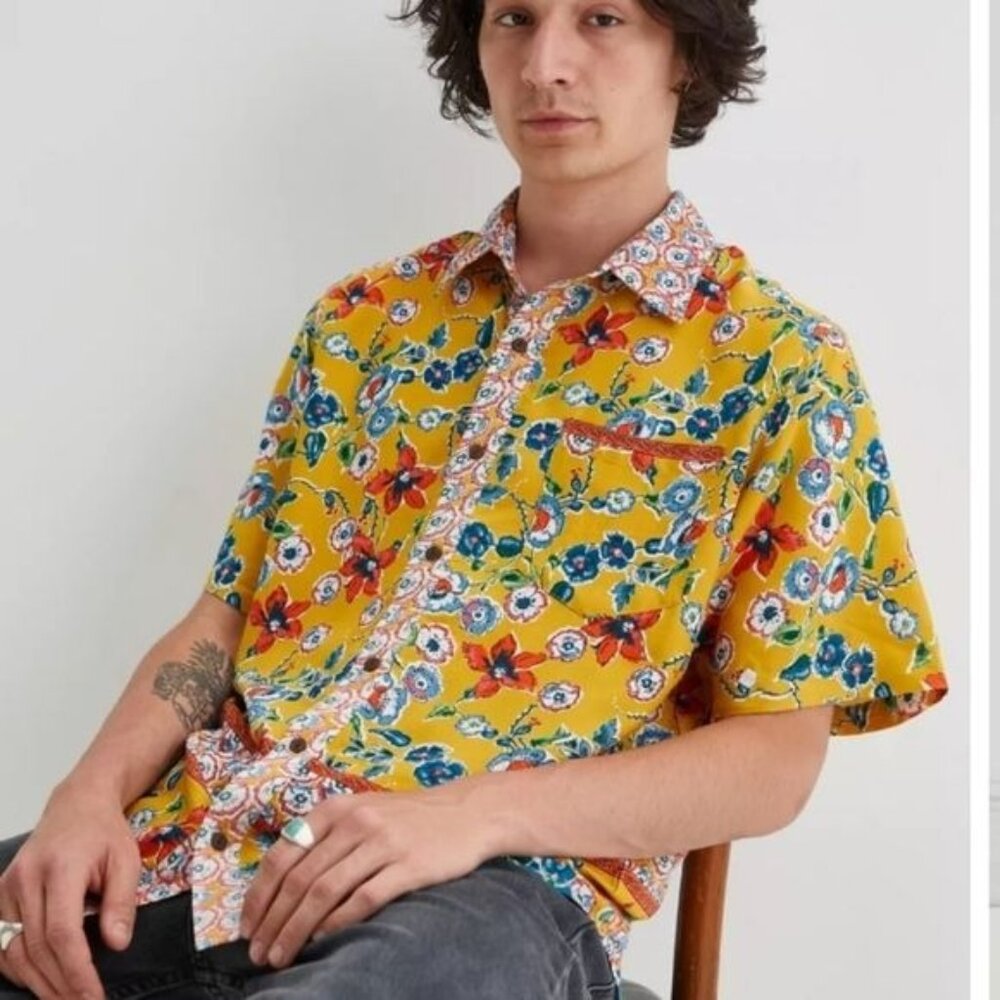 RAGA MAN Blocked Floral Print Tropical Button Up Shirt XL New Tropical Travel